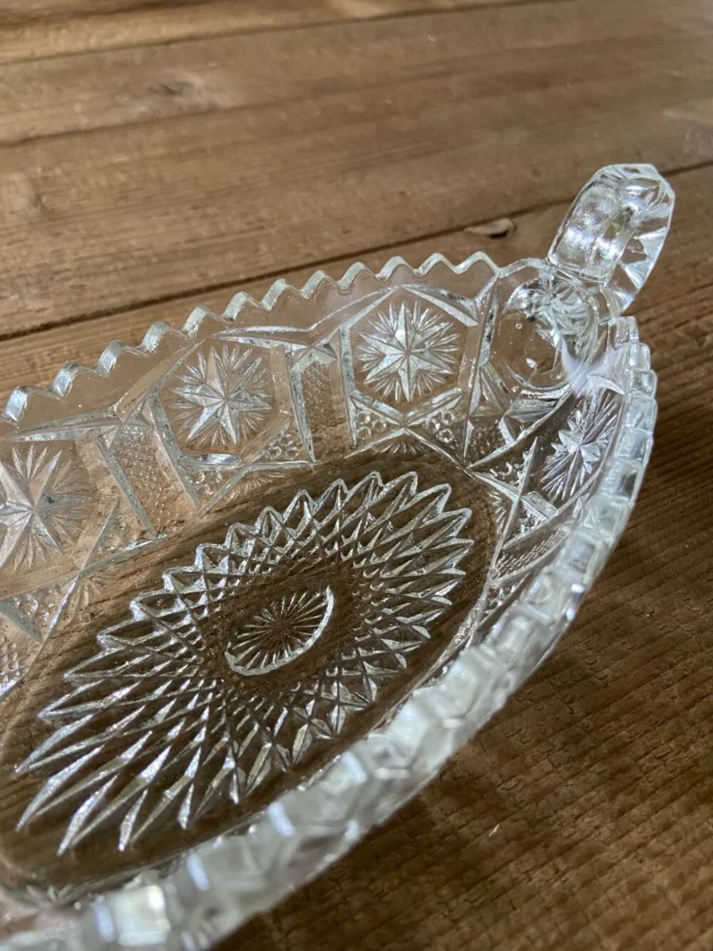 Vintage Cut Glass Canoe Boat Dish Starburst Pattern 6